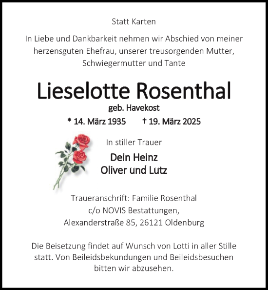 Traueranzeige von Lieselotte Rosenthal von Nordwest-Zeitung