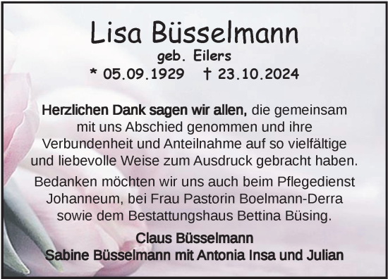 Traueranzeige von Lisa Büsselmann von Nordwest-Zeitung