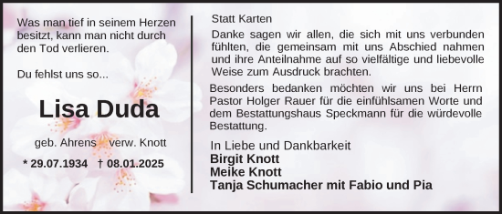 Traueranzeige von Lisa Duda von Nordwest-Zeitung