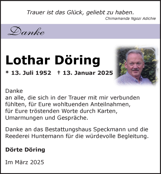 Traueranzeige von Lothar Döring von Nordwest-Zeitung