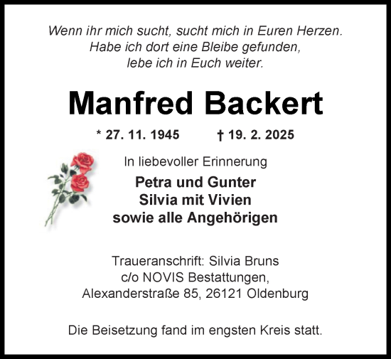 Traueranzeige von Manfred Backert von Nordwest-Zeitung