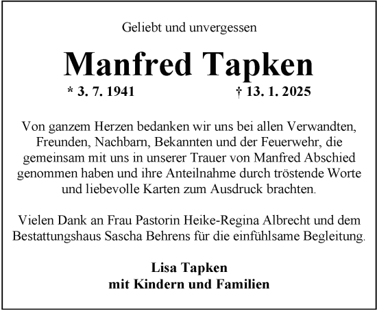 Traueranzeige von Manfred Tapken von Nordwest-Zeitung