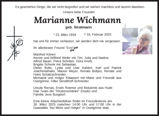 Traueranzeige von Marianne Wichmann von Nordwest-Zeitung