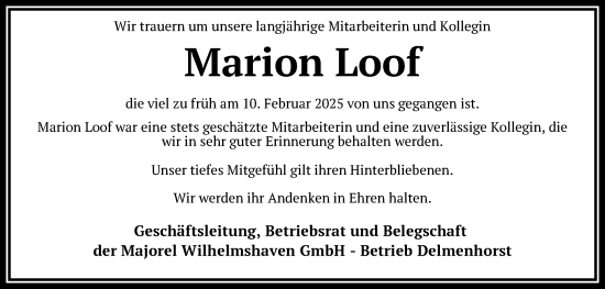 Traueranzeige von Marion Loof von Nordwest-Zeitung