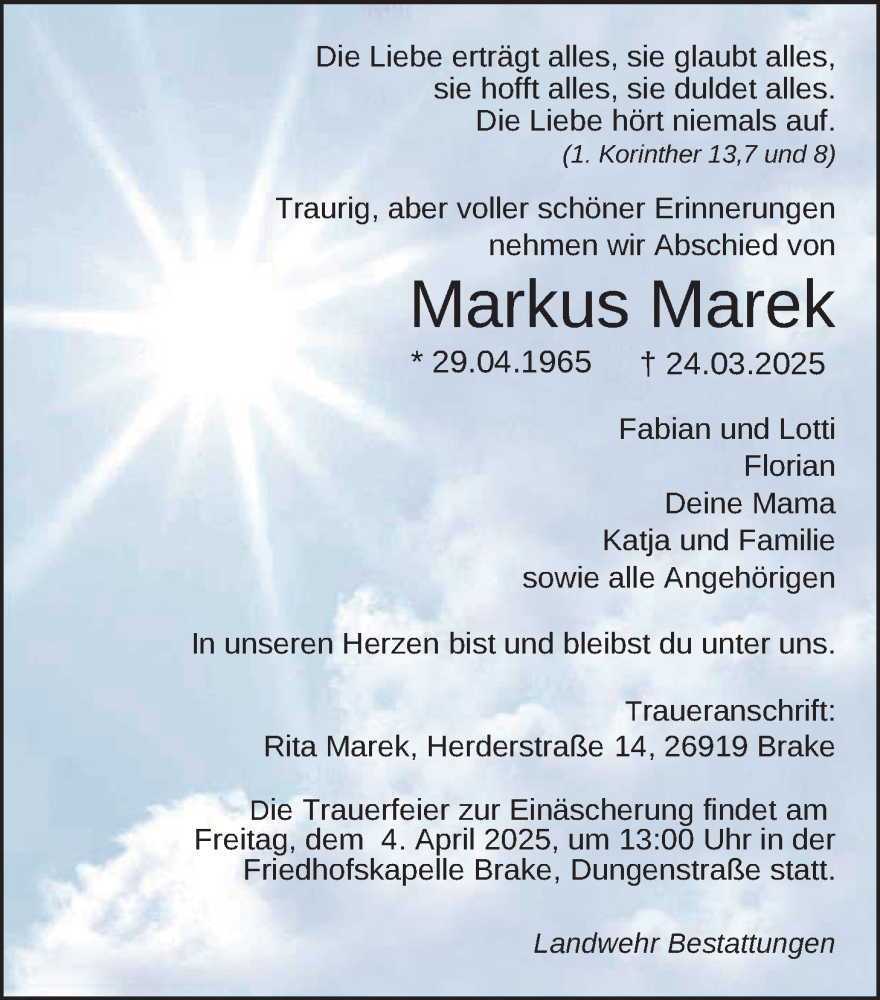  Traueranzeige für Markus Marek vom 29.03.2025 aus Nordwest-Zeitung