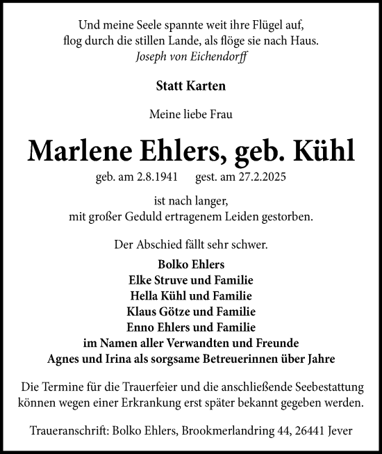 Traueranzeige von Marlene Ehlers von WZ/JW/AH