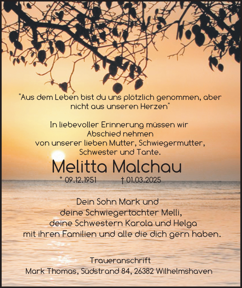  Traueranzeige für Melitta Malchau vom 08.03.2025 aus WZ/JW/AH