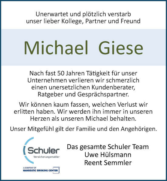 Traueranzeige von Michael Giese von Nordwest-Zeitung