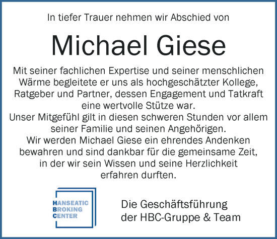 Traueranzeige von Michael Giese von Nordwest-Zeitung