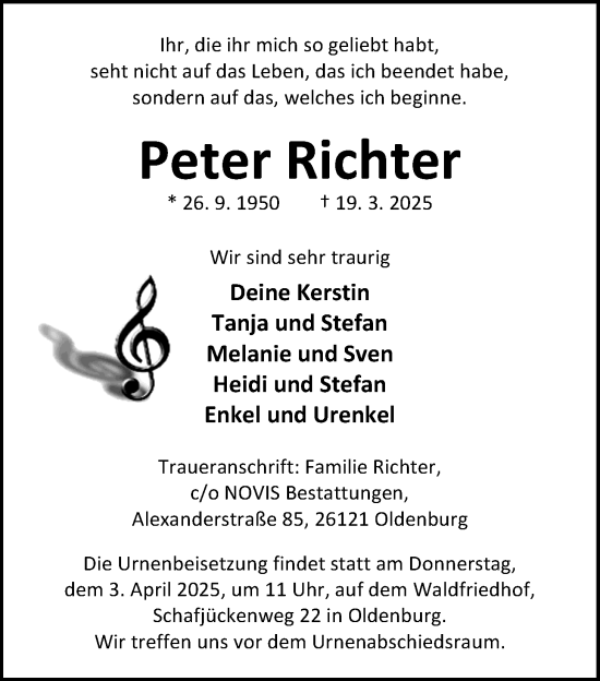 Traueranzeige von Peter Richter von Nordwest-Zeitung