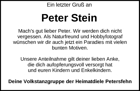 Traueranzeige von Peter Stein von Nordwest-Zeitung