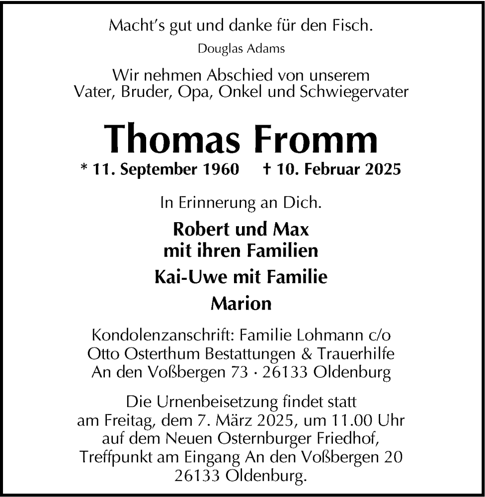  Traueranzeige für Thomas Fromm vom 01.03.2025 aus Nordwest-Zeitung