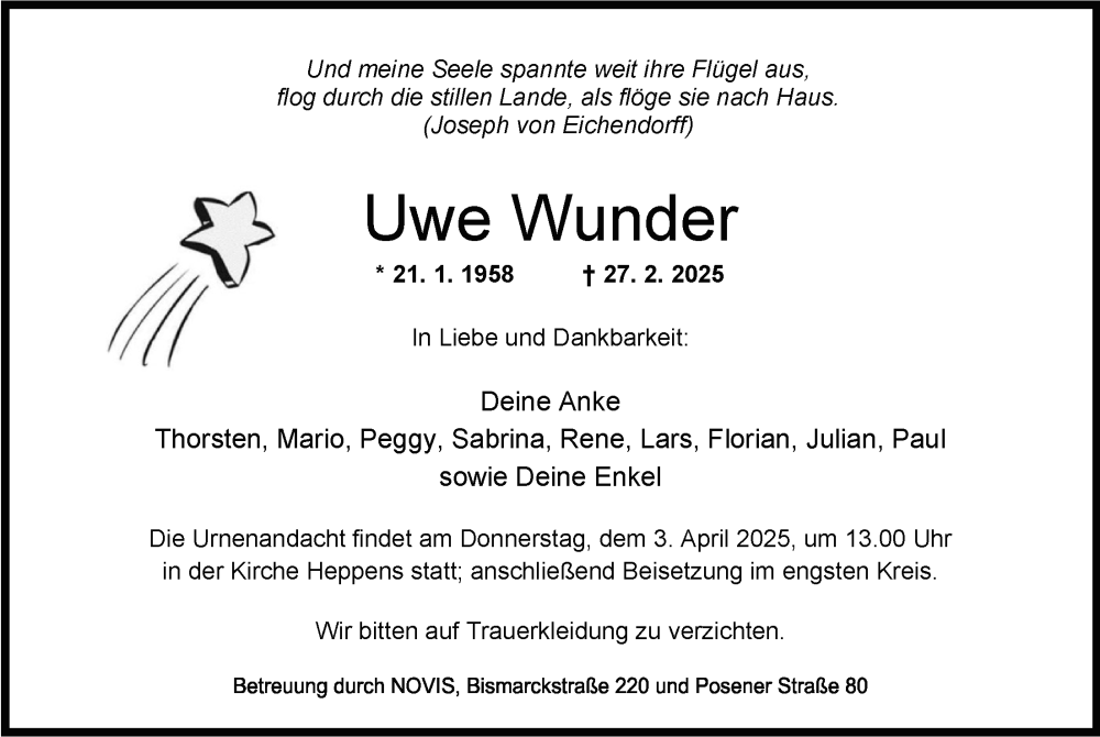  Traueranzeige für Uwe Wunder vom 29.03.2025 aus WZ/JW/AH