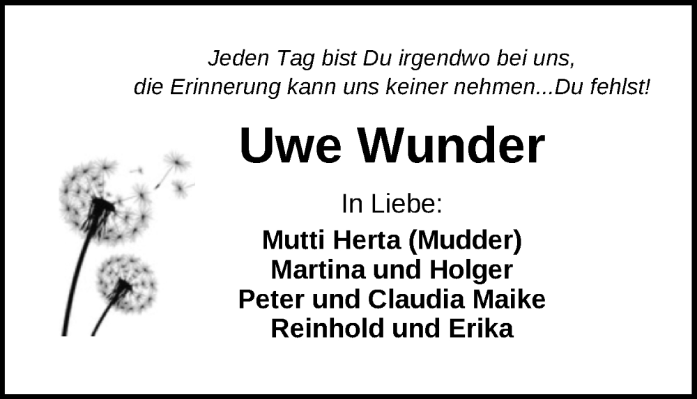  Traueranzeige für Uwe Wunder vom 29.03.2025 aus WZ/JW/AH