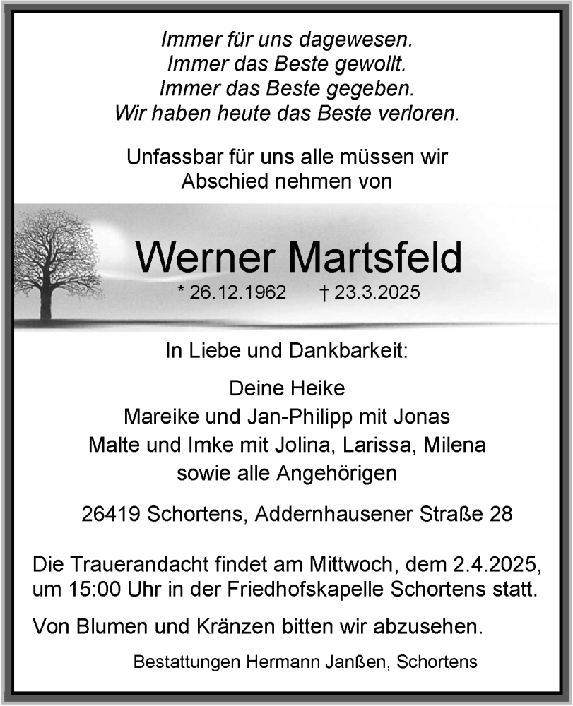 Traueranzeige für Werner Martsfeld vom 29.03.2025 aus WZ/JW/AH