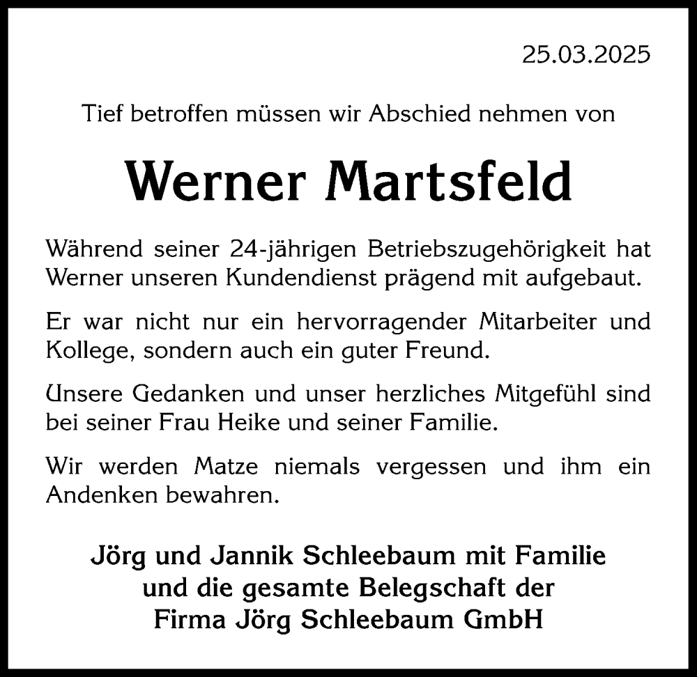  Traueranzeige für Werner Martsfeld vom 29.03.2025 aus WZ/JW/AH