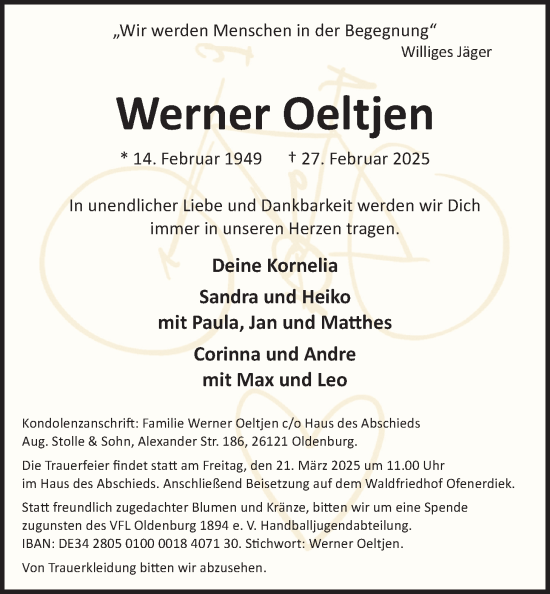 Traueranzeige von Werner Oeltjen von Nordwest-Zeitung