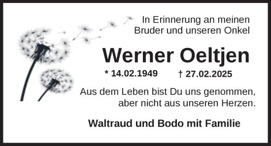 Traueranzeige von Werner Oeltjen von Nordwest-Zeitung
