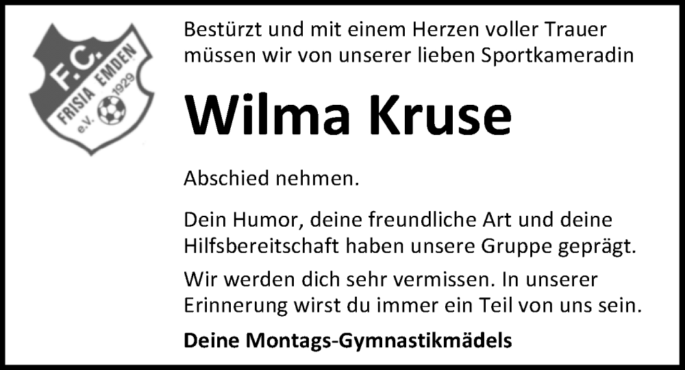  Traueranzeige für Wilma Kruse vom 31.03.2025 aus Emder Zeitung