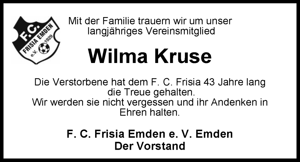  Traueranzeige für Wilma Kruse vom 31.03.2025 aus Emder Zeitung