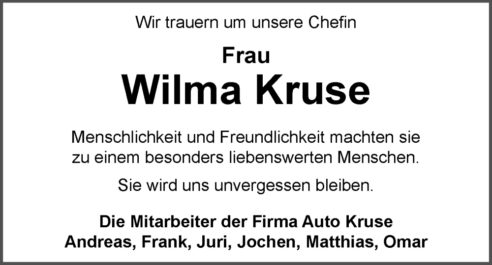  Traueranzeige für Wilma Kruse vom 29.03.2025 aus Emder Zeitung