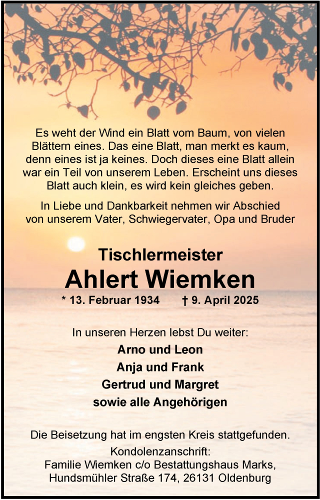  Traueranzeige für Ahlert Wiemken vom 26.04.2025 aus Nordwest-Zeitung