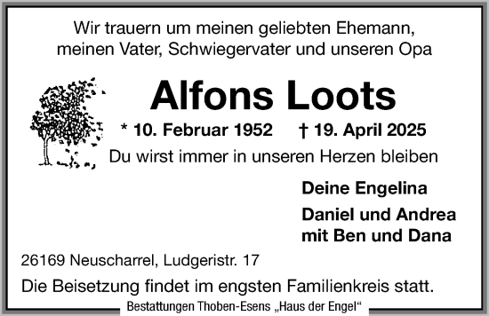 Traueranzeige von Alfons Loots von Nordwest-Zeitung