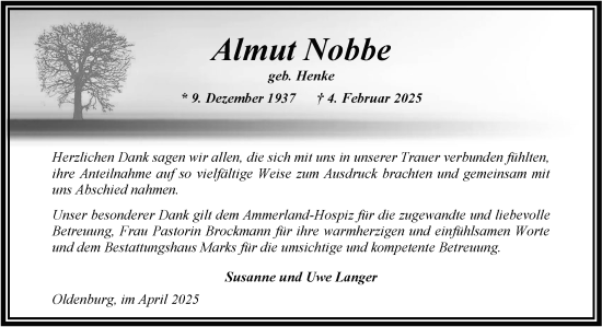Traueranzeige von Almut Nobbe von Nordwest-Zeitung