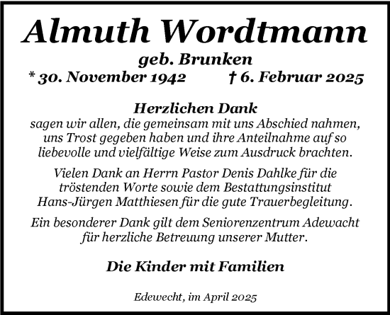 Traueranzeige von Almuth Wordtmann von Nordwest-Zeitung