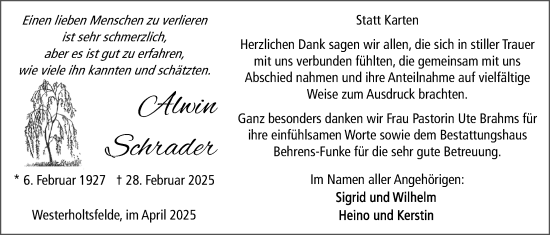 Traueranzeige von Alwin Schrader von Nordwest-Zeitung