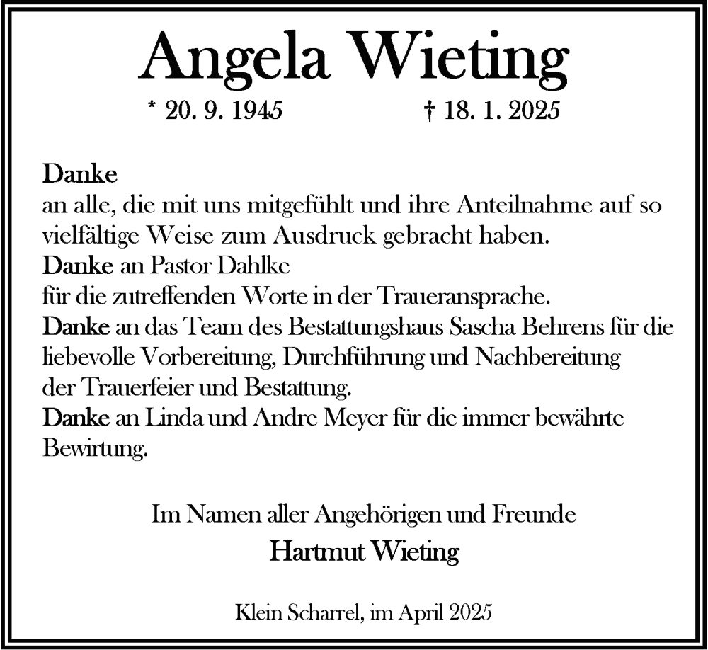  Traueranzeige für Angela Wieting vom 15.04.2025 aus Nordwest-Zeitung