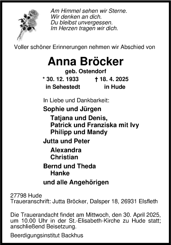 Traueranzeige von Anna Bröcker von Nordwest-Zeitung
