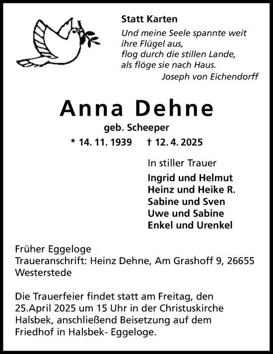 Traueranzeige von Anna Dehne von Nordwest-Zeitung