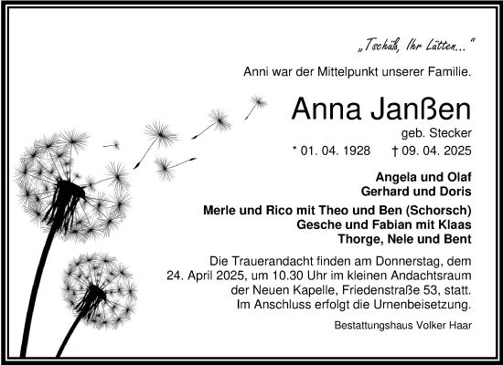 Traueranzeige von Anna Janßen von WZ/JW/AH