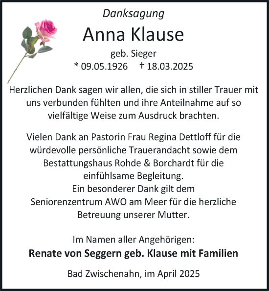 Traueranzeige von Anna Klause von Nordwest-Zeitung