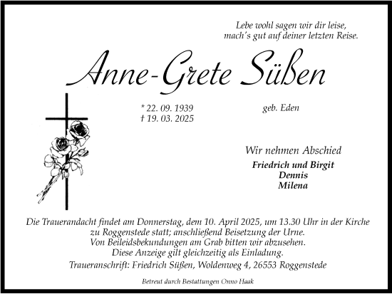 Traueranzeige von Anne-Grete Süßen von WZ/JW/AH
