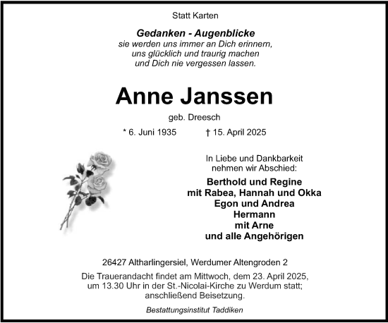 Traueranzeige von Anne Janssen von WZ/JW/AH