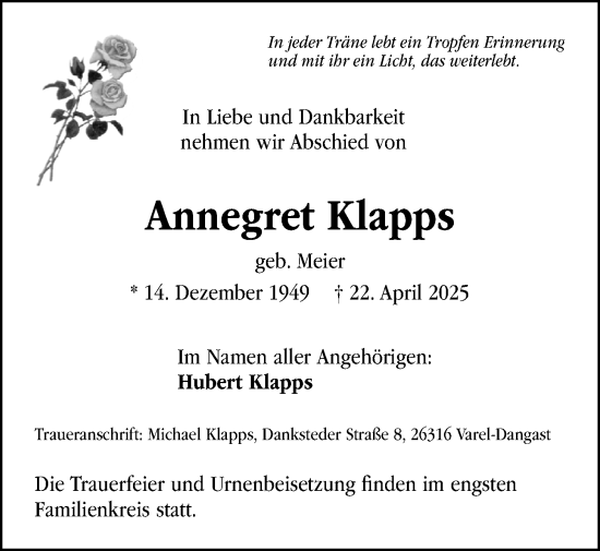 Traueranzeige von Annegret Klapps von Nordwest-Zeitung