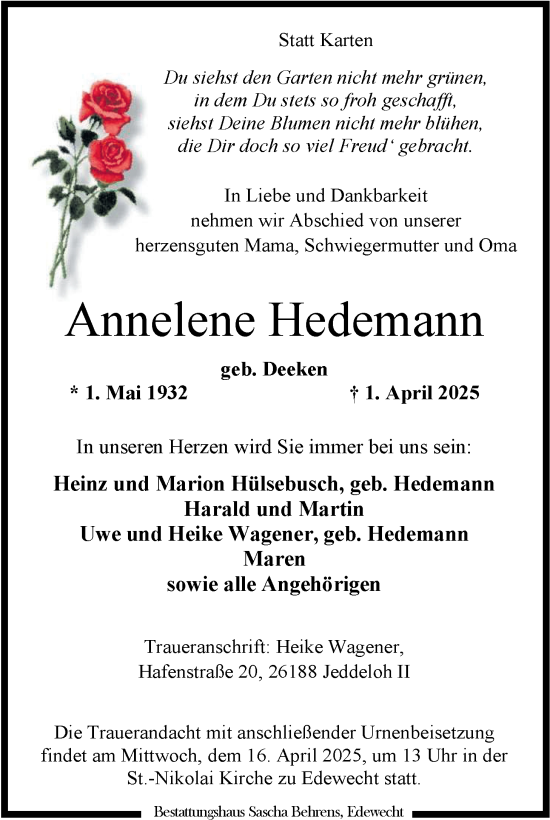 Traueranzeige von Annelene Hedemann von Nordwest-Zeitung