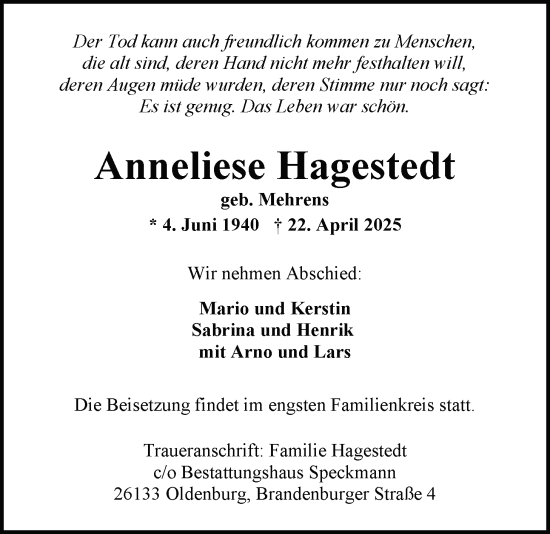 Traueranzeige von Anneliese Hagestedt von Nordwest-Zeitung