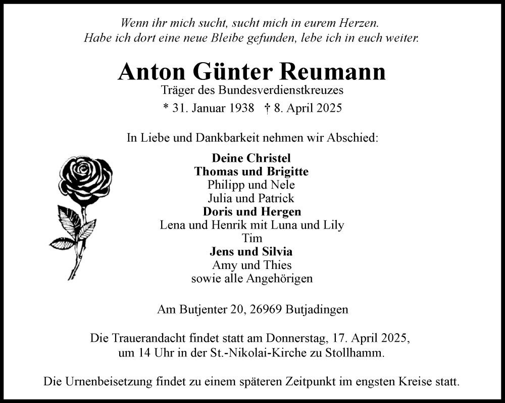  Traueranzeige für Anton Günter Reumann vom 11.04.2025 aus Nordwest-Zeitung