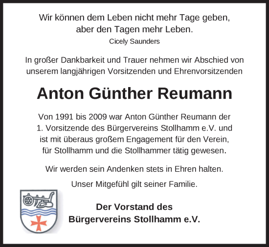 Traueranzeige von Anton Günther Reumann von Nordwest-Zeitung