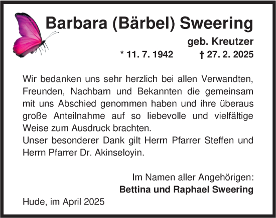 Traueranzeige von Barbara Sweering von Nordwest-Zeitung