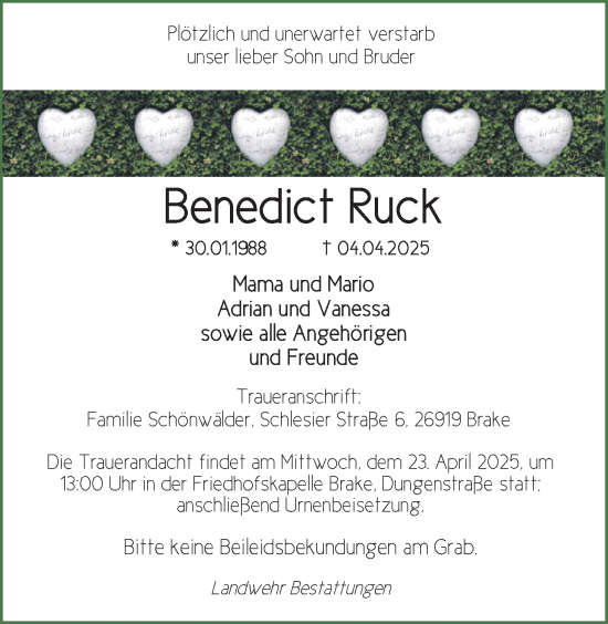 Traueranzeige von Benedict Ruck von Nordwest-Zeitung