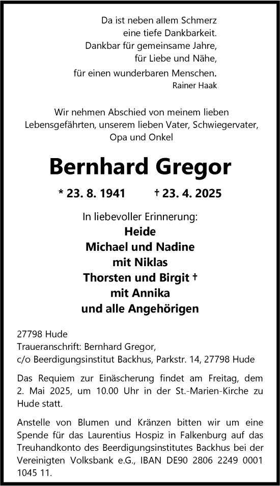 Traueranzeige von Bernhard Gregor von Nordwest-Zeitung