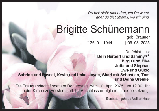 Traueranzeige von Brigitte Schünemann von WZ/JW/AH