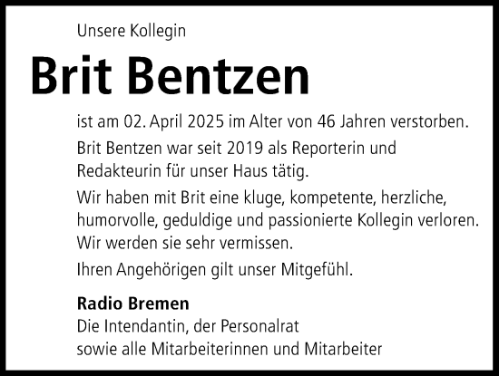 Traueranzeige von Brit Bentzen von Nordwest-Zeitung