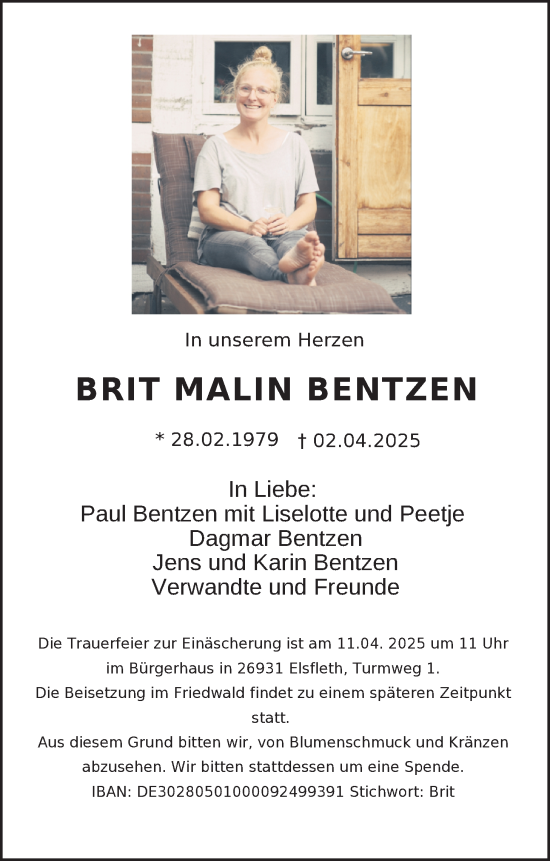 Traueranzeige von Brit Malin Bentzen von Nordwest-Zeitung