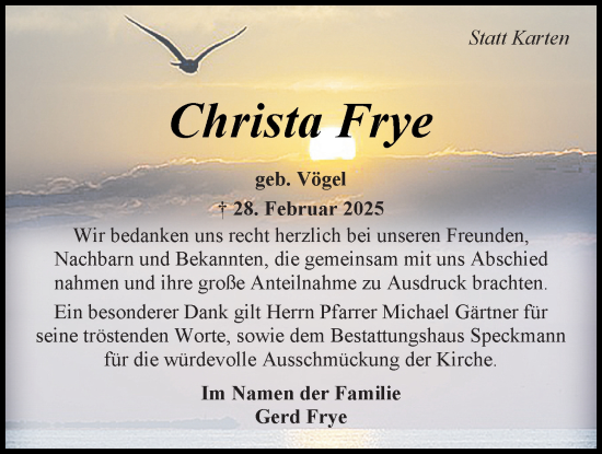 Traueranzeige von Christa Frye von Nordwest-Zeitung