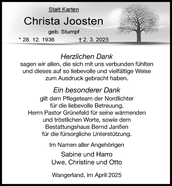 Traueranzeige von Christa Joosten von WZ/JW/AH